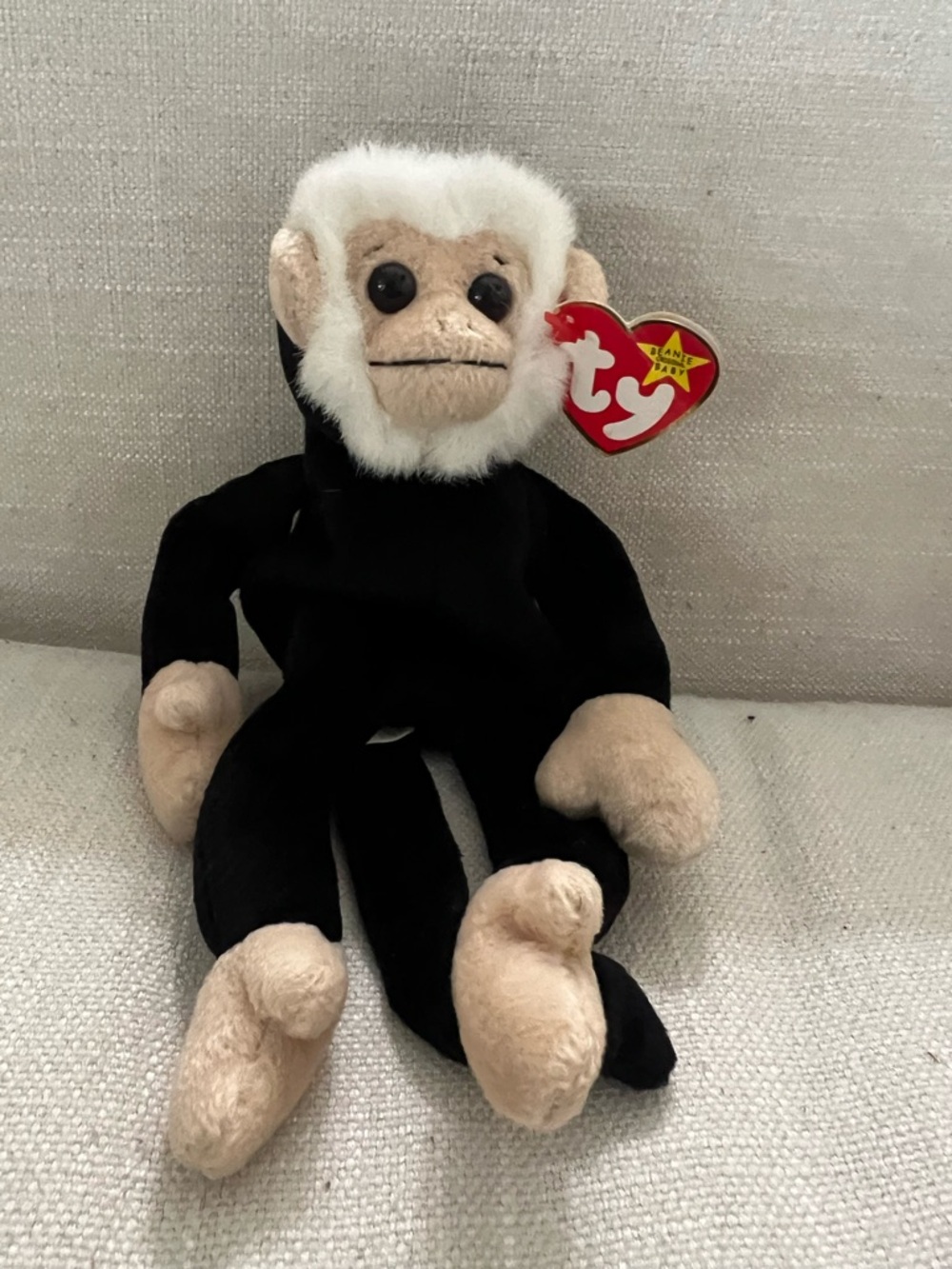 Ty Monkey Plush in Black and Cream with Heart Tag